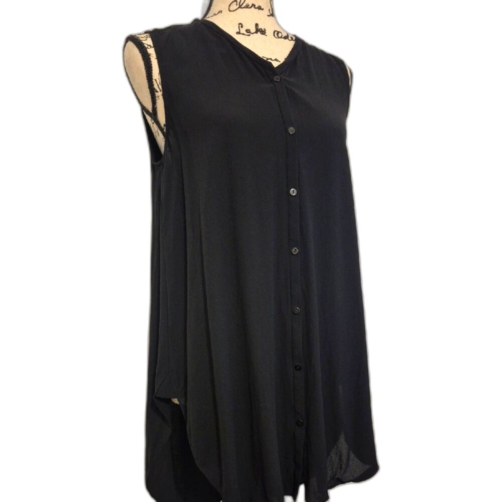 Eileen Fisher Silk Tunic Top S Sleeveless Button Front Georgette Crepe Black